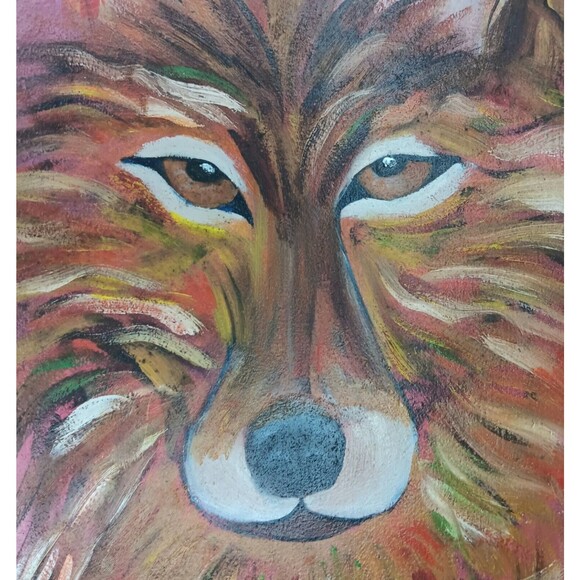 Wolf Painting Original on Plaster Canvas Red Brown Signed J Miculka '09 Vintage - Picture 5 of 12